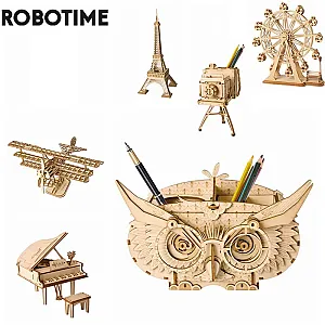 Robotime 7 Kinds DIY 3D Wooden Animal & Building Puzzle Game Assembly Toy