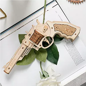 Robotime Rokr DIY Revolver Scatter with Rubber Band Bullet Wooden Model Building Block Kit