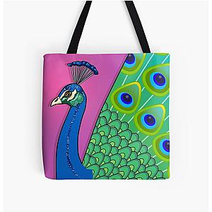 Peacock Graphic with Pink Background by Russ Iden Art All Over Print Tote Bag