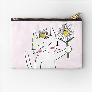 Shy Cat Daisy Flower to Crush - Scribble Minimalist Cat Y2K Illustration - Purfect gift  Zipper Pouch