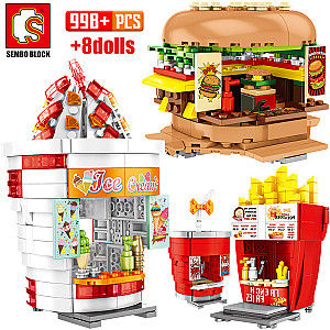 SEMBO 601055-58 Friends Hamburgers Ice Cream Shop Truck Food Store Bricks House City street scene