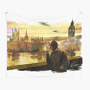 Sherlock Holmes walking down the Thames, past Big Ben Tapestry