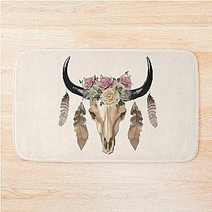 Cow Skull and Crown leaves and butterflies Bath Mat