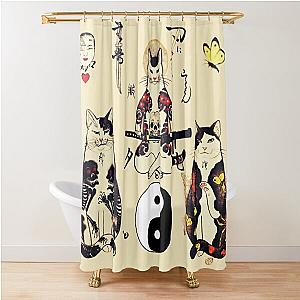 THREE SAMURAI CATS IN SKULL,SKELETON,BUTTERFLY TATTOOS AND YIN YANG SYMBOL Shower Curtain