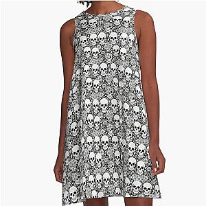 Intricate Skull and Flower Pattern A-Line Dress