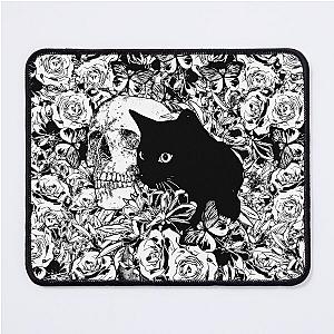 Skull and Black cat with peony, skeleton with flowers, black and white drawing Mouse Pad