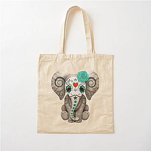 Teal Blue Day of the Dead Sugar Skull Baby Elephant Cotton Tote Bag