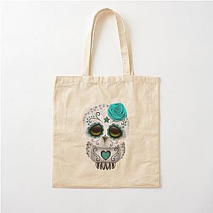 Cute Teal Blue Day of the Dead Sugar Skull Owl Cotton Tote Bag