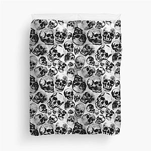 Skulls Skulls Skulls! Macabre Black & White Watercolor & Ink Pattern Duvet Cover