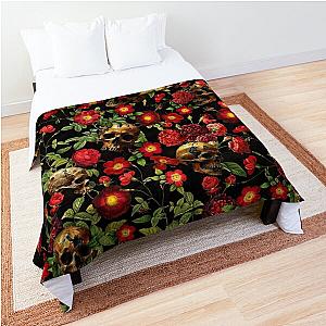 Mystic Nostalgic Moody Night Florals- Red Roses And Gothic Skull Pattern Comforter