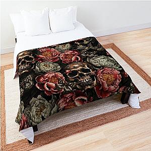 Skulls And Peonies Black And Red Botanical Night Garden Comforter