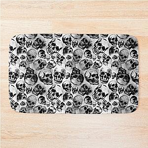 Skulls Skulls Skulls! Macabre Black & White Watercolor & Ink Pattern Bath Mat