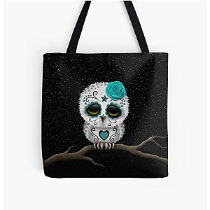 Cute Teal Blue Day of the Dead Sugar Skull Owl All Over Print Tote Bag