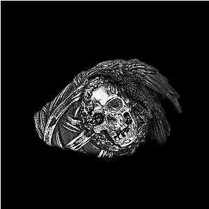 Crow and Skull Stainless Steel Signet Ring Mens