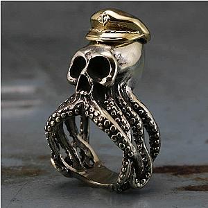 Steel Octopus Squid Tentacle Skull Captain Ring