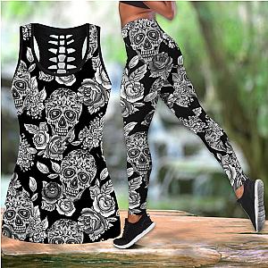 Skull Legging - Skull flower tattoos legging + hollow tank combo outfit