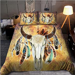 Skull Bedding - Beautiful Mandala Bull Skull Feather Bedding Set DQB08212004-MEI