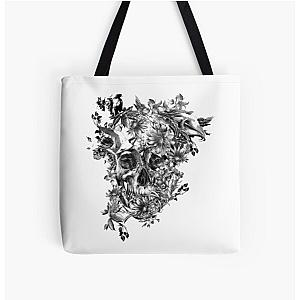 black and white flower skull All Over Print Tote Bag