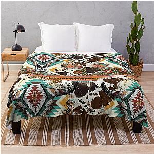 Aztec Cow Print Bull Skull  Throw Blanket