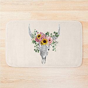 Watercolor Skull and Crown pink yellow rose and sunflowers Bath Mat