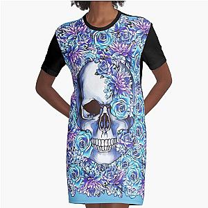 Human anatomy Skull blue watercolor floral Graphic T-Shirt Dress