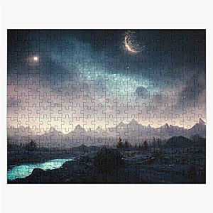 Mysterious Starry and Foggy Night Painting of Skyrim Mountains, Nature and Moon | Skyrim Elder Scrolls | Mountains, Stars, Fog, River Jigsaw Puzzle