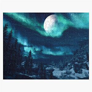 Magical Skyrim Aurora Borealis Northern Lights Landscape  Jigsaw Puzzle