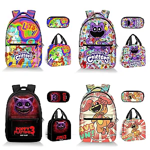 3pcs/set Smiling Critters 3D Anime Print Backpack Shoulder Bag Lunch Bag Pencil Case
