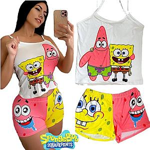 Cartoon SpongeBob Camisole Set Fashion Women Crop Tank Top Shorts Two-piece Set