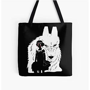 Princess Mononoke - Princess Mononoke And Wolf Illustration - Black And White All Over Print Tote Bag RB2212