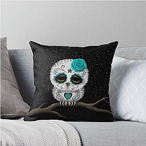 Cute Teal Blue Day of the Dead Sugar Skull Owl Pillow