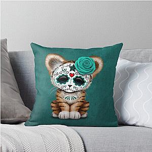 Blue Day of the Dead Sugar Skull Throw Pillow