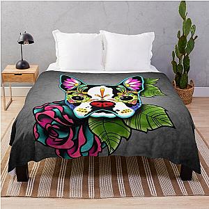 Boston Terrier in Black Day of the Dead Sugar Skull Dog Throw Blanket