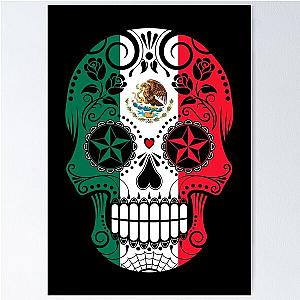 Sugar Skull with Roses and Mexico Flag Poster