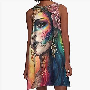 Day of the Dead Woman A-Line Dress with Sugar Skull Goddess Embellishments