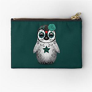 Teal Blue Day of the Dead Sugar Skull Penguin Zipper Pouch