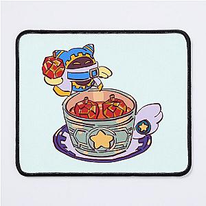 Ransroom draws Magolor putting gem in tea cup, Re-ment figurine, sugar cube next to an apple on a mouse pad.