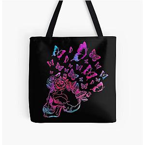 Colorful Sugar Skull Floral Roses With Flying Butterflies Day of the Dead Gifts - Halloween All Over Print Tote Bag