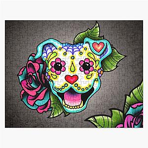 Smiling Pit Bull in White Day of the Dead Sugar Skull Dog Jigsaw Puzzle