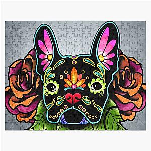 Day of the Dead French Bulldog in Black Sugar Skull Puzzle