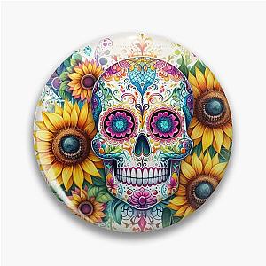 Sugar skull with sunflowers and colorful feathers Pin