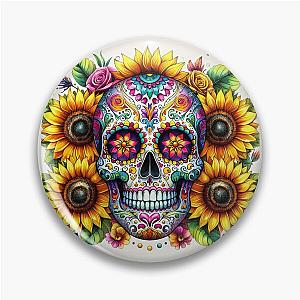 Sugar skull with sunflowers and butterfly Pin