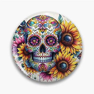 Sugar skull with sunflowers and butterfly Pin