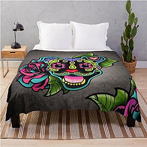 Smiling Pit Bull in Black - Day of the Dead Happy Pitbull - Sugar Skull Dog Throw Blanket