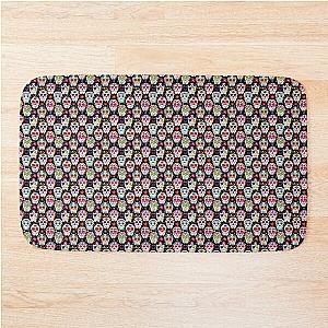 brightly colored sugar skulls on a black background Bath Mat