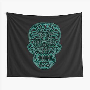 Intricate Teal Blue and Black Sugar Skull Tapestry