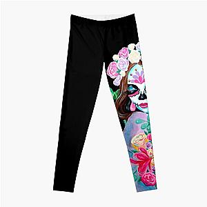 Sugar Skull Girl with Flowers - La Catrina   Leggings