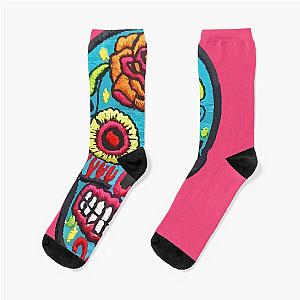 Sugar SKULL Blue mexican embroidery day of the dead flowers colorful calaverita Socks