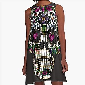 Create a Real Stitchery on Black - Pixel Art - Day of the Dead, Cinco de Mayo, Calavera, Dia de los Muertos - Sugar Skull - Candy Skull Make Up Face Paint Design A-Line Dress