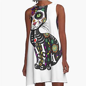 Cute Sugar Skull Mexican Cat Halloween Day Of The Dead A-Line Dress